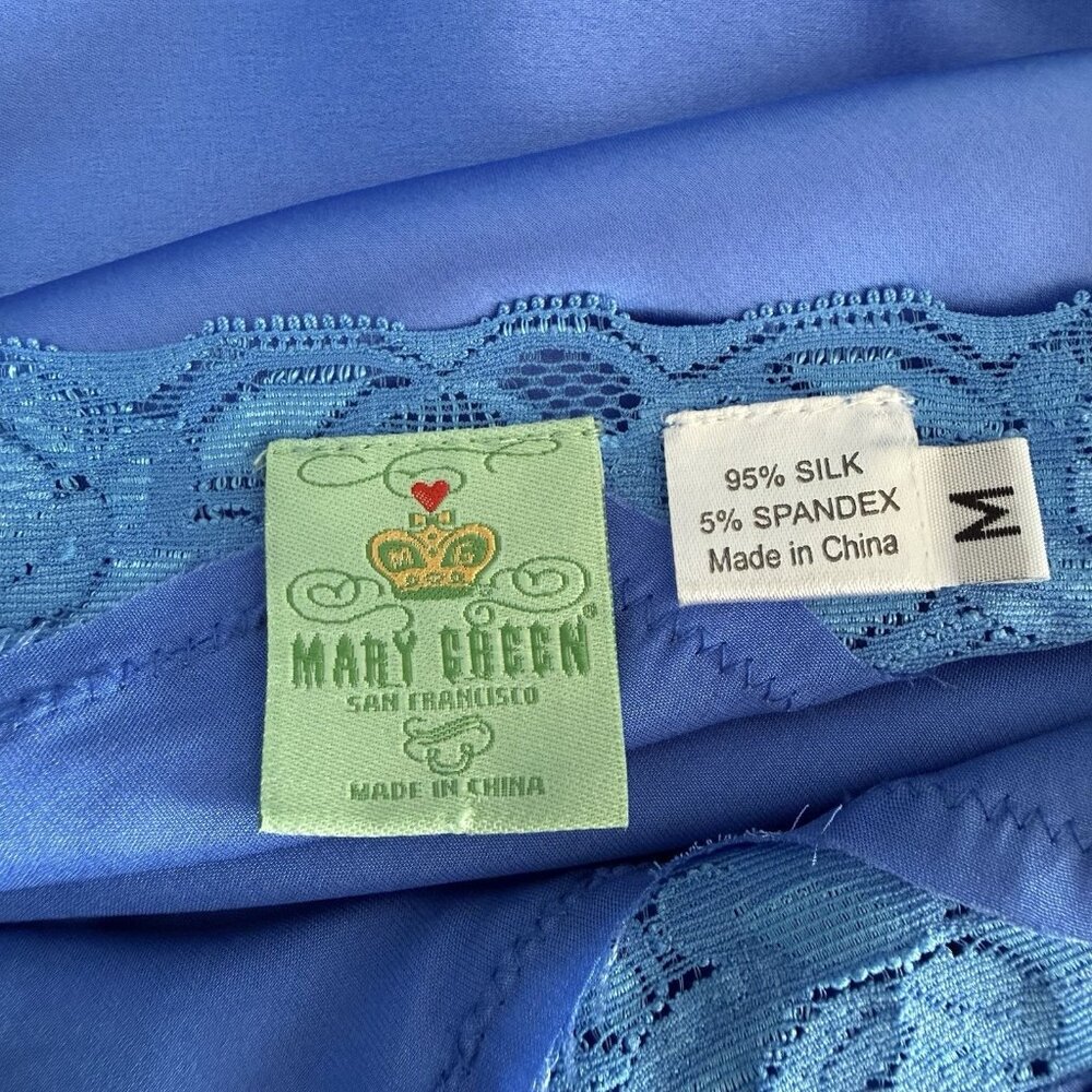 VTG Mary Green Silk Y2K Coquette Fairy Lace Trim Chemise Slip Dress M Blue - Picture 8 of 8